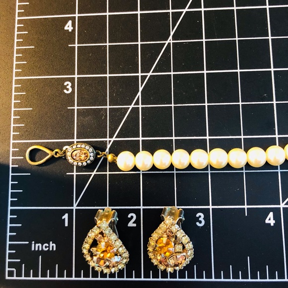 Vintage Ornate Deco Pearl Necklace & Rhinestone Crystal Earrings - Picture 5 of 16